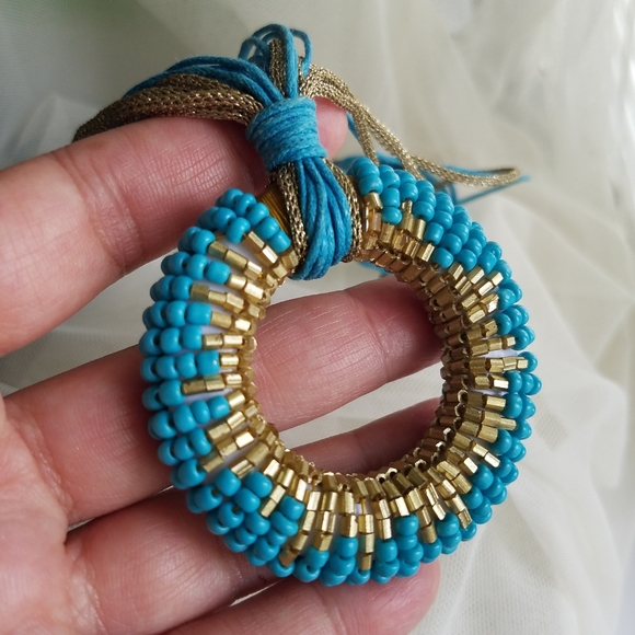 Turquoise Gold Beaded Statement Necklace Handmade NEW